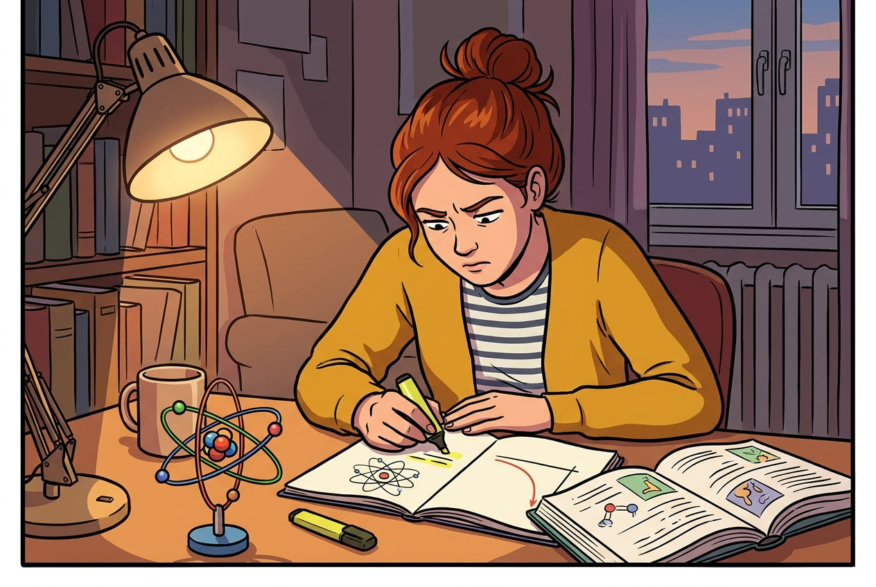 Élève de Terminale étudiant la radioactivité à son bureau le soir, avec un schéma d'atome et une courbe de décroissance.