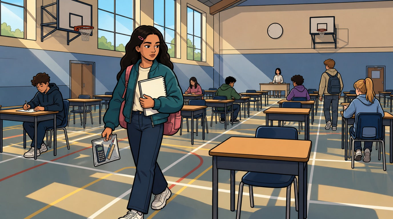 Collégienne entrant dans un gymnase aménagé pour un brevet blanc de maths