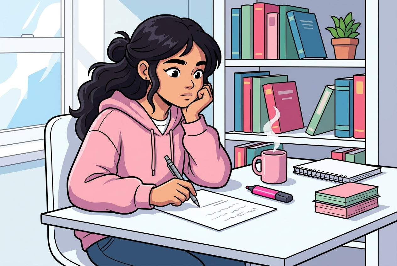 Élève de 3ème pensive résolvant une équation à son bureau pour réviser les équations du Brevet de maths, fiches roses et mug sur le bureau