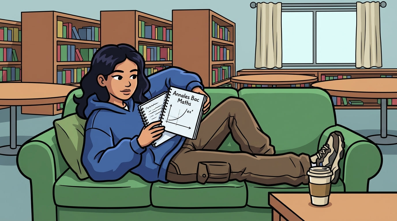 Inès étudiant la méthode pour travailler sur des annales bac maths corrigées dans la bibliothèque du lycée.