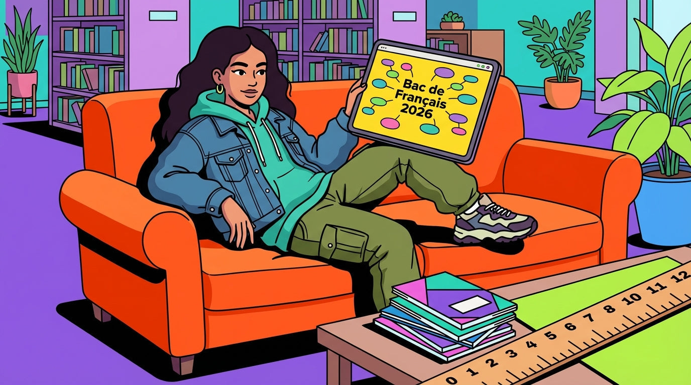 Inès révisant les épreuves anticipées du bac de français 2026 dans la bibliothèque du lycée