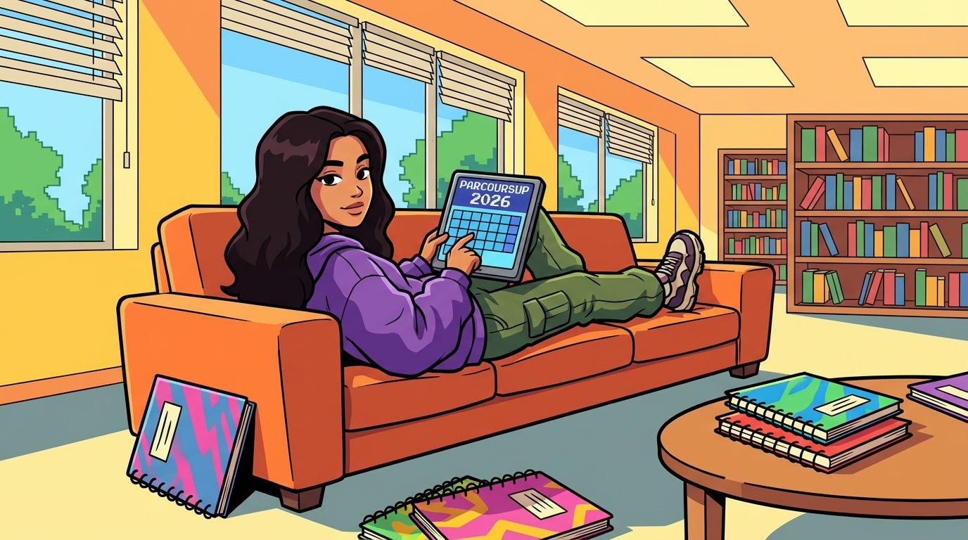 Inès consulte les dates clés du calendrier Parcoursup 2026 sur sa tablette dans la bibliothèque du lycée