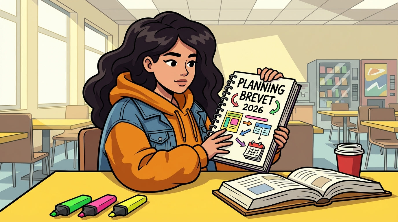 Inès révise son brevet sans stress à la cafétéria avec son planning de révision