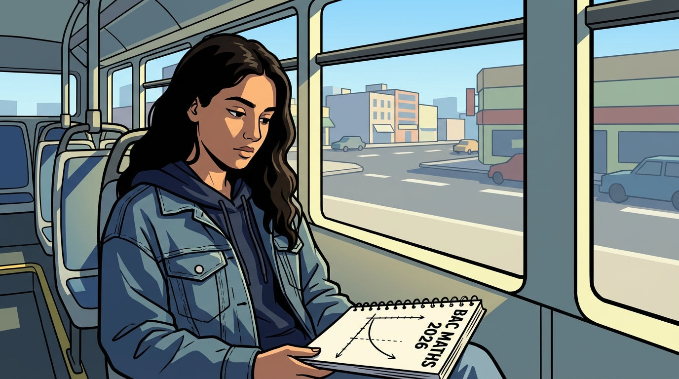 Inès révisant les sujets probables du bac maths 2026 dans le bus