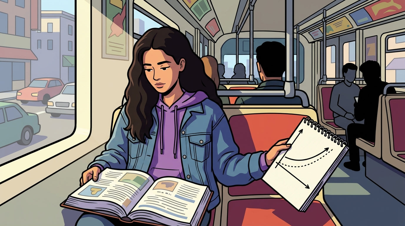 Inès révisant ses cours de mathématiques dans le tramway pour anticiper son entrée en prépa.