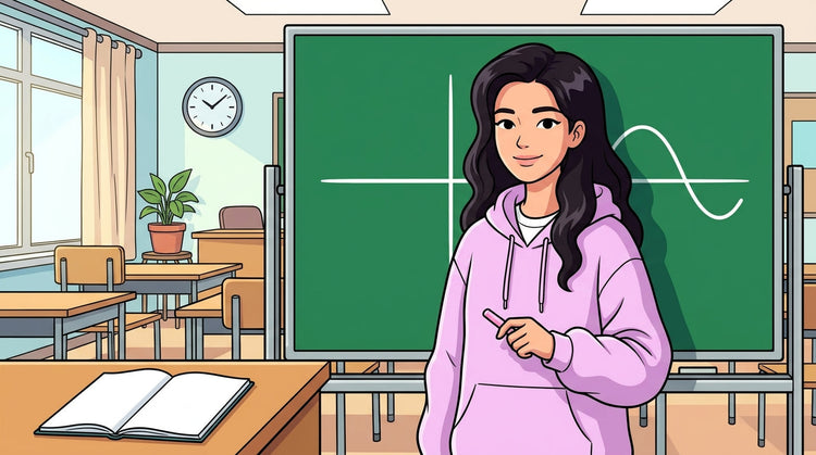 Inès au tableau avec une courbe mathématique tracée à la craie, prête pour le Grand Oral maths