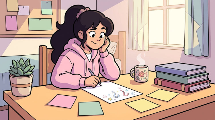 Inès à son bureau notant des idées de sujets pour son Grand Oral, entourée de post-its pastel et de livres