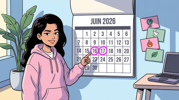 Inès devant un calendrier juin 2026 avec les dates 16 et 17 entourées, prête pour l'épreuve HGGSP du BAC