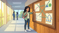 Lycéenne découvrant le programme maths Première 2026-2027 sur un panneau dans un couloir de lycée