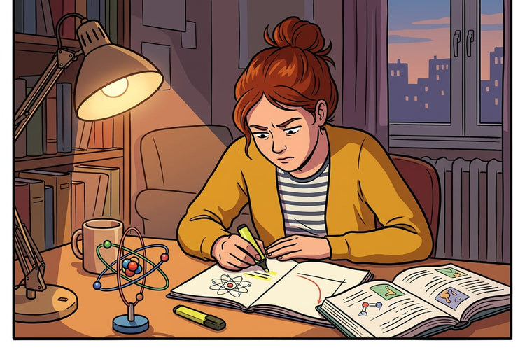 Élève de Terminale étudiant la radioactivité à son bureau le soir, avec un schéma d'atome et une courbe de décroissance.