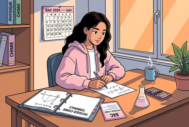 Lycéenne de Terminale à son bureau révisant la physique-chimie pour le BAC 2026, avec fiches, Erlenmeyer et calendrier de l'épreuve de juin