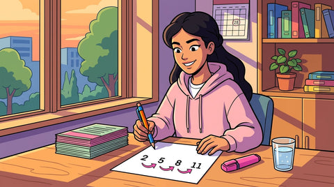 Inès, lycéenne en Première, à son bureau écrivant une suite de nombres 2, 5, 8, 11 avec des flèches roses, pour réviser les suites en spé maths