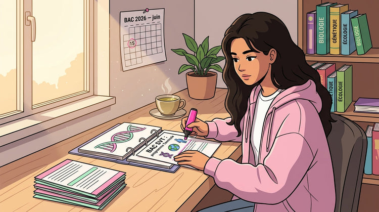 Inès à son bureau révisant le programme de spé SVT Terminale pour le BAC 2026, avec ses fiches de révision et son calendrier