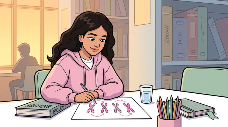 Inès à la bibliothèque redessinant de mémoire un schéma de biologie avec des chromatides pour le BAC SVT Terminale