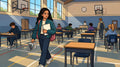 Collégienne entrant dans un gymnase aménagé pour un brevet blanc de maths