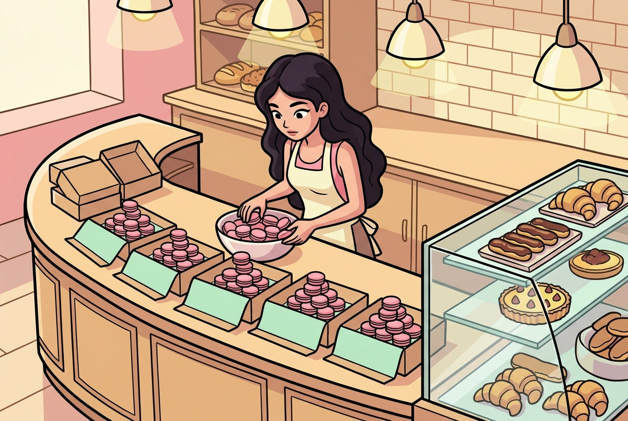 Élève de 3ème en tablier de pâtissière rangeant des macarons roses en paquets identiques, illustration du PGCD pour réviser l'arithmétique du Brevet de maths