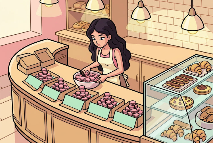 Élève de 3ème en tablier de pâtissière rangeant des macarons roses en paquets identiques, illustration du PGCD pour réviser l'arithmétique du Brevet de maths
