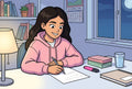 Élève de 3ème à son bureau révisant le calcul littéral pour le Brevet de maths, avec ses fiches et un surligneur rose