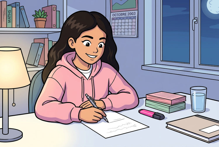 Élève de 3ème à son bureau révisant le calcul littéral pour le Brevet de maths, avec ses fiches et un surligneur rose