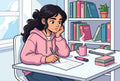 Élève de 3ème pensive résolvant une équation à son bureau pour réviser les équations du Brevet de maths, fiches roses et mug sur le bureau