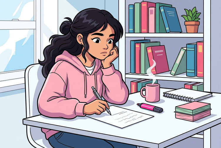 Élève de 3ème pensive résolvant une équation à son bureau pour réviser les équations du Brevet de maths, fiches roses et mug sur le bureau