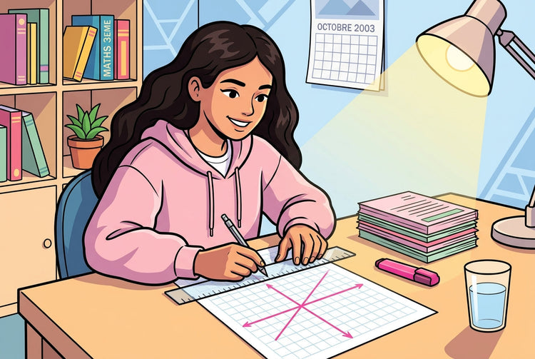 Élève de 3ème traçant une droite à la règle sur du papier millimétré pour réviser les fonctions affines et linéaires du Brevet de maths, fiches et surligneur rose sur le bureau