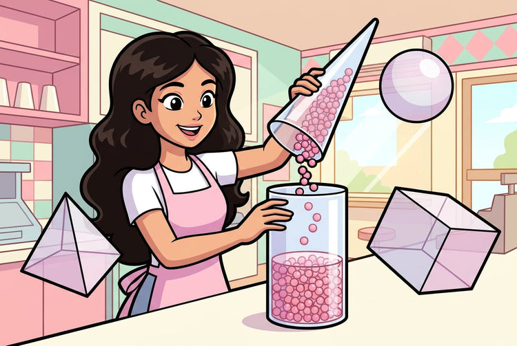 Élève de 3ème dans une boutique de glaces versant des billes d'un cône dans un cylindre pour réviser les volumes et la géométrie dans l'espace du Brevet de maths