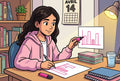 Élève de 3ème pointant un diagramme en barres pour réviser les statistiques du Brevet de maths (moyenne, médiane, étendue), fiches de révision sur le bureau