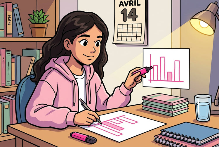 Élève de 3ème pointant un diagramme en barres pour réviser les statistiques du Brevet de maths (moyenne, médiane, étendue), fiches de révision sur le bureau