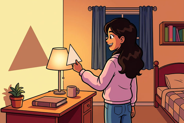 Élève de 3ème projetant l'ombre agrandie d'un triangle en papier sur un mur avec une lampe, image de l'homothétie pour réviser les transformations du Brevet de maths