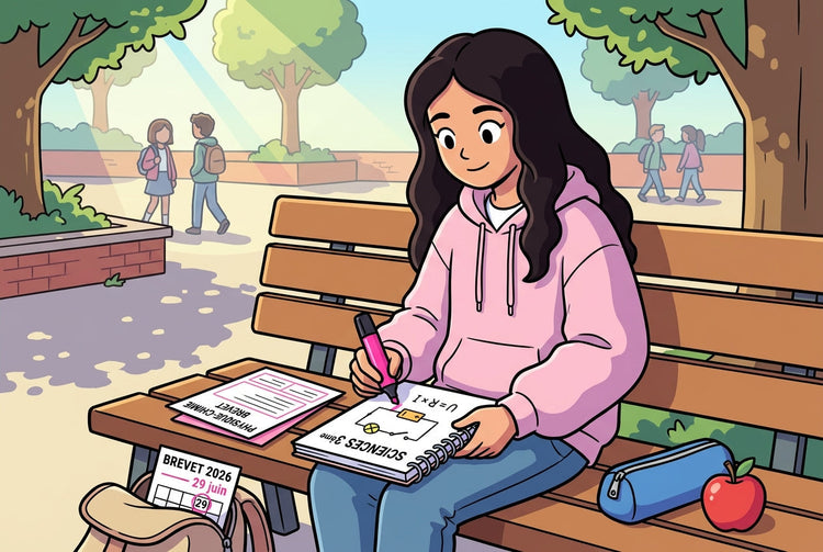 Élève de 3ème sur un banc de cour d'école révisant la physique-chimie pour le Brevet 2026, avec un schéma de circuit électrique sur un cahier Sciences