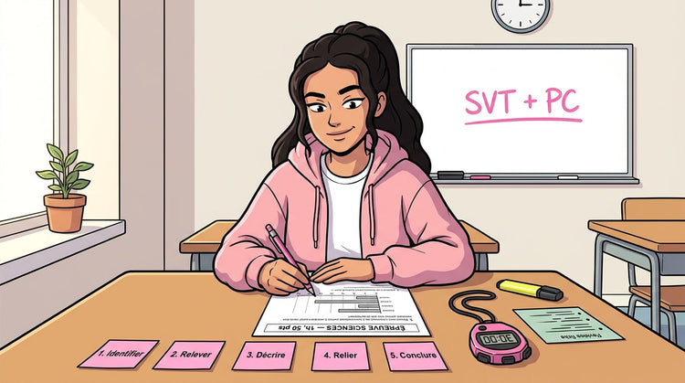 Inès appliquant la méthode d'analyse de document en 5 étapes pour l'épreuve Sciences du Brevet 2026, avec stopwatch 30 minutes
