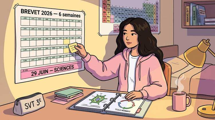 Inès, élève de 3ème, organisant son planning de révision du Brevet SVT 2026 avec ses fiches et le calendrier des 6 semaines