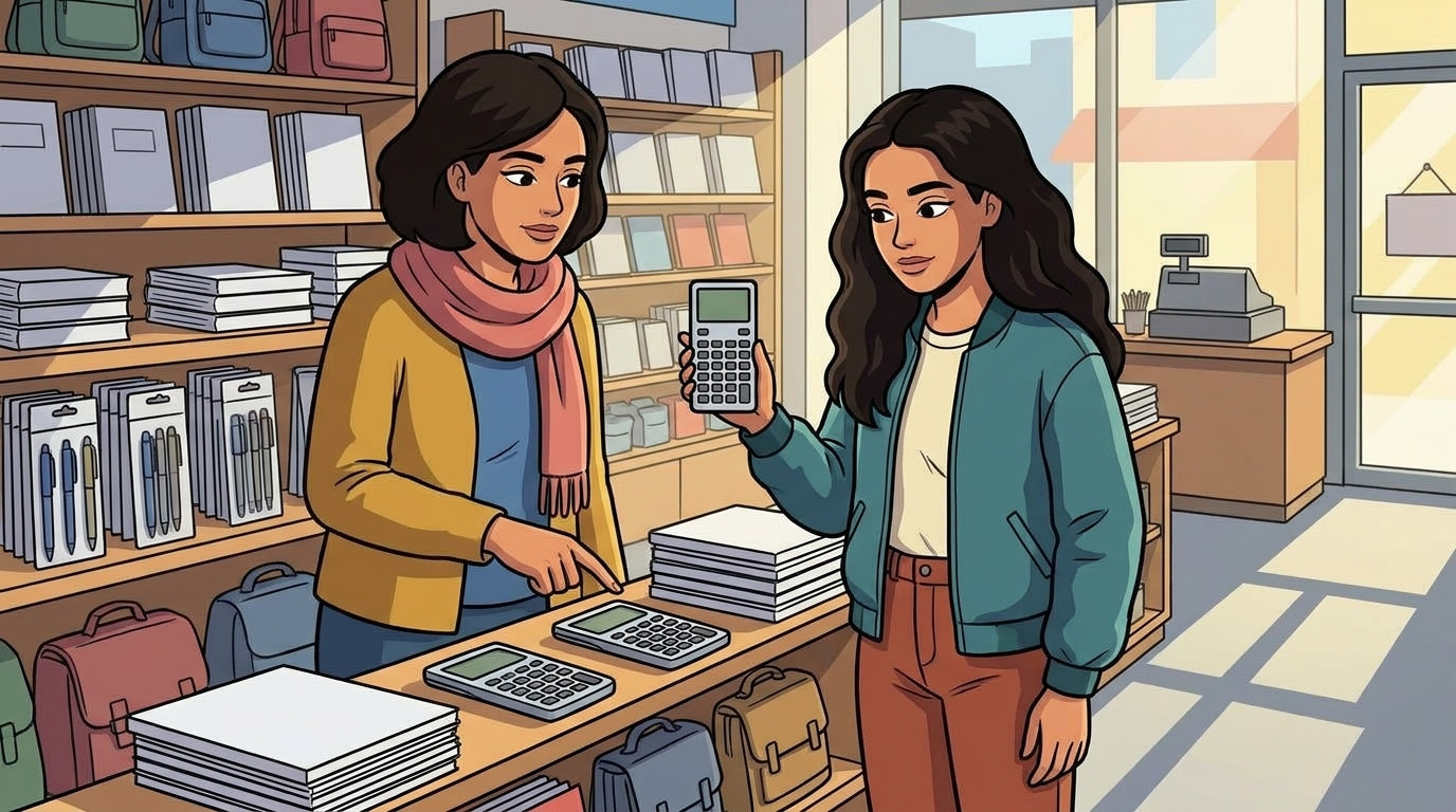 Parent et lycéenne comparant plusieurs calculatrices graphiques dans un magasin de fournitures scolaires