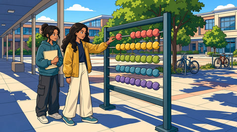 Lycéenne utilisant un grand boulier coloré dans la cour du lycée pour organiser ses priorités du Bac 2027