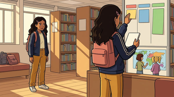 Élève de 3ème organisant le plan d'un développement construit sur un tableau à la bibliothèque du collège