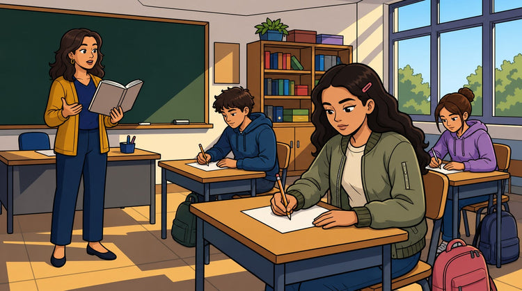 Professeure lisant une dictée pendant qu'une élève de 3ème écrit le texte en classe