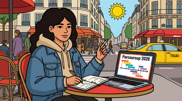 Inès étudiant le calendrier Parcoursup 2026 sur son ordinateur à la terrasse d'un café.