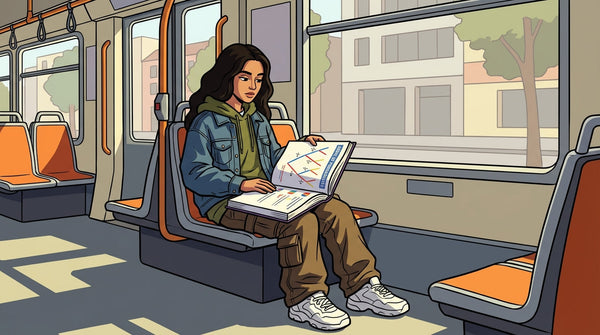 Inès révisant un arbre de probabilités pour le brevet de maths 3ème dans le tramway.