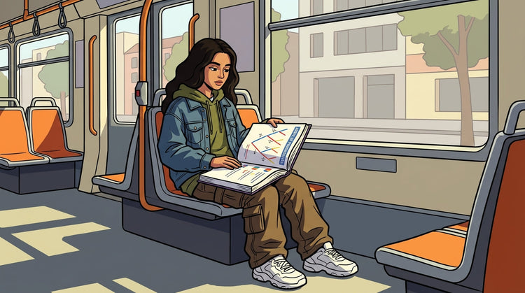 Inès révisant un arbre de probabilités pour le brevet de maths 3ème dans le tramway.