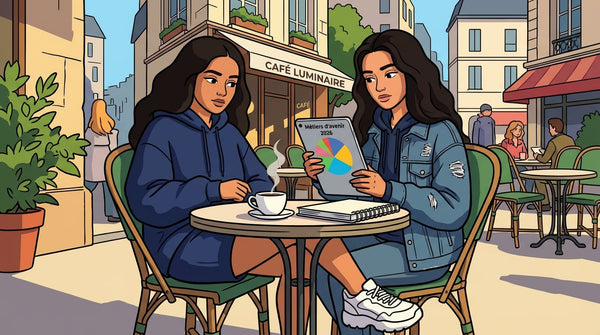 Inès analyse les filières qui recrutent en 2026 sur sa tablette à la terrasse d'un café
