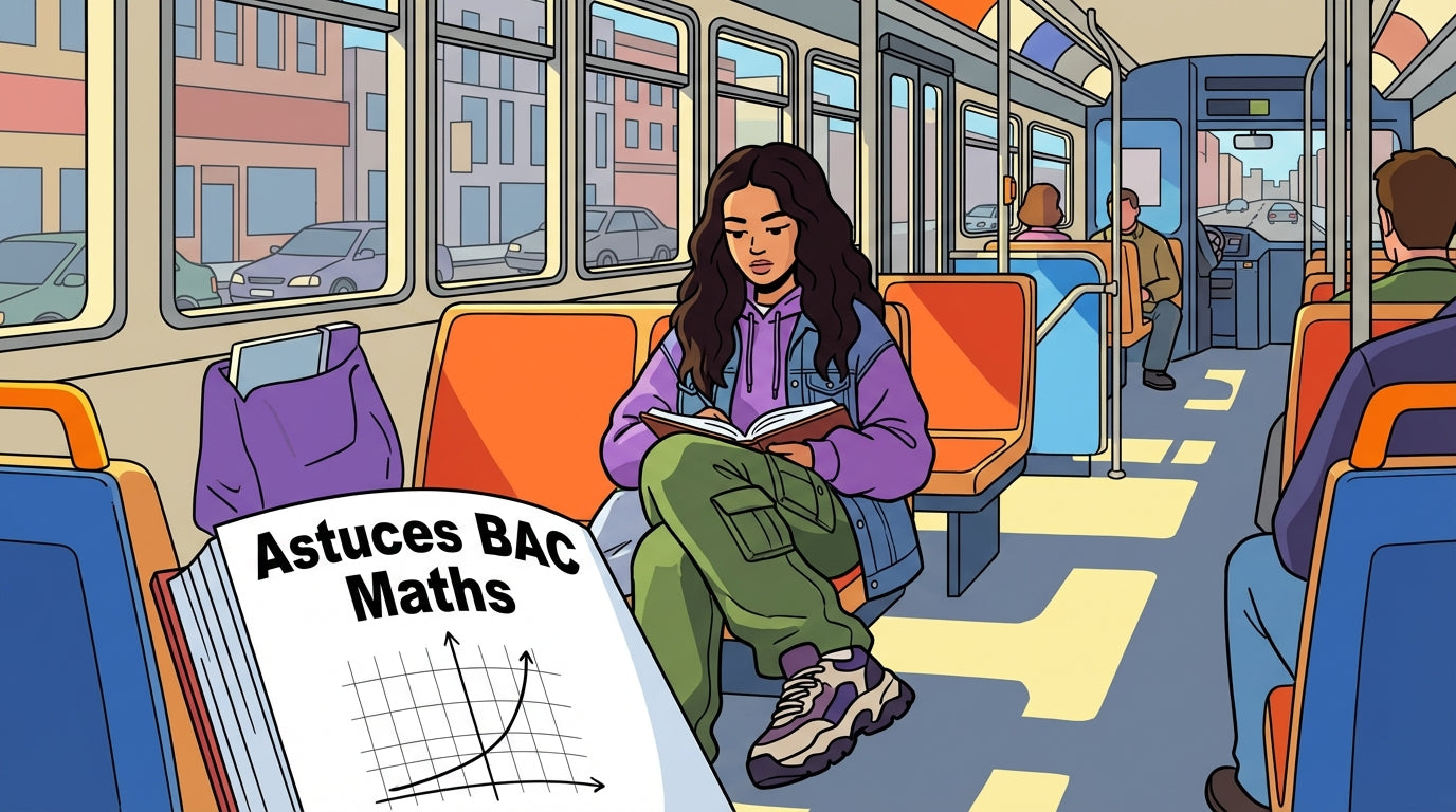 Inès révisant ses astuces pour le bac de maths dans le bus avec son cahier ouvert.