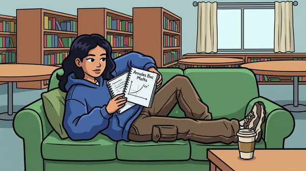 Inès étudiant la méthode pour travailler sur des annales bac maths corrigées dans la bibliothèque du lycée.