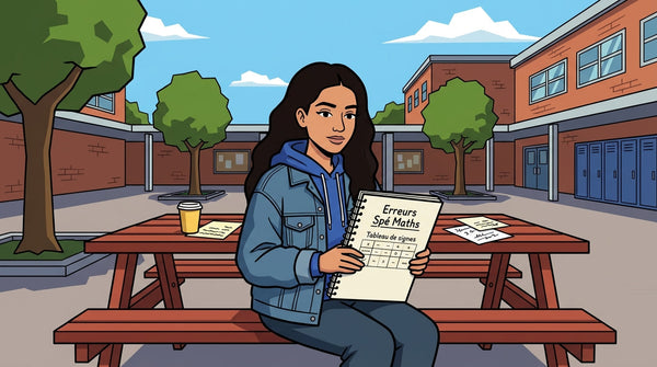 Inès révisant ses cours de spécialité mathématiques en première pour éviter les erreurs fréquentes