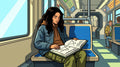 Inès révise le théorème de Thalès dans les transports en commun avec son manuel de mathématiques.