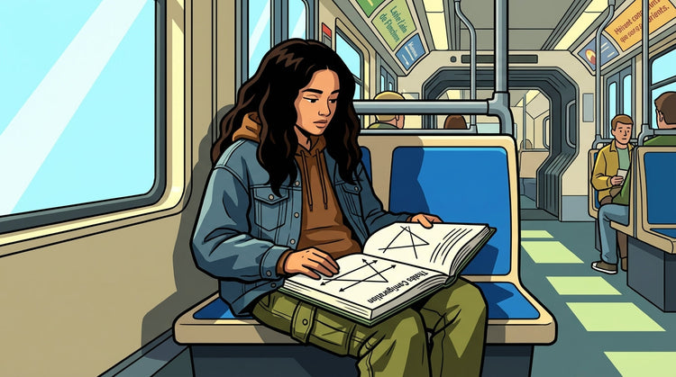 Inès révise le théorème de Thalès dans les transports en commun avec son manuel de mathématiques.