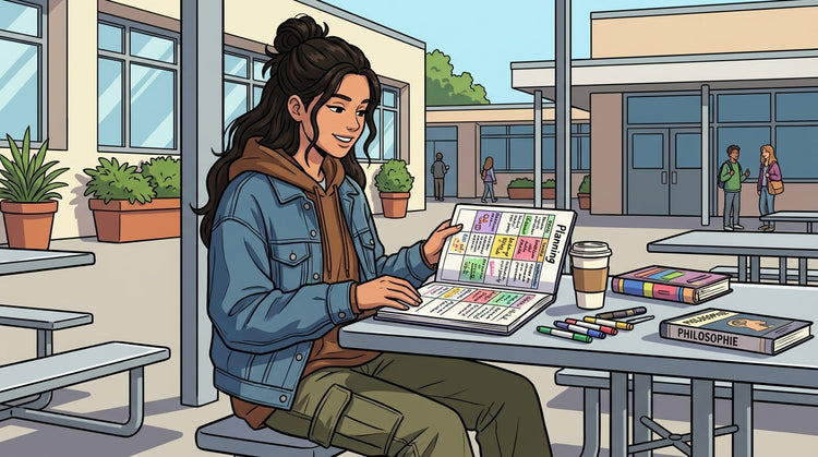 Inès étudiant à la cafétéria avec son planning de révision brevet détaillé semaine par semaine