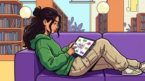 Inès étudiant ses choix de spécialités pour la classe de Première sur une tablette dans la bibliothèque du lycée