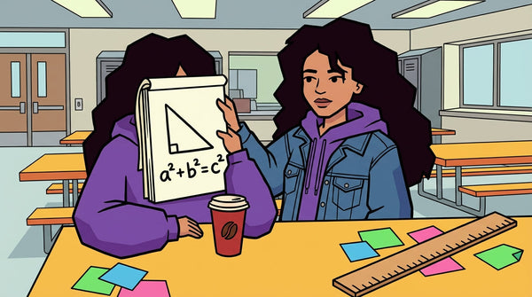 Inès révisant le programme de maths de 3ème à la cafétéria de son collège, avec un cahier ouvert sur le théorème de Pythagore.