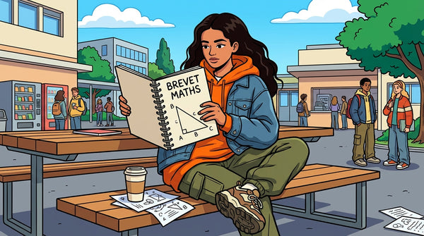 Inès révisant les exercices types du brevet de maths 2026 sur un banc d'école